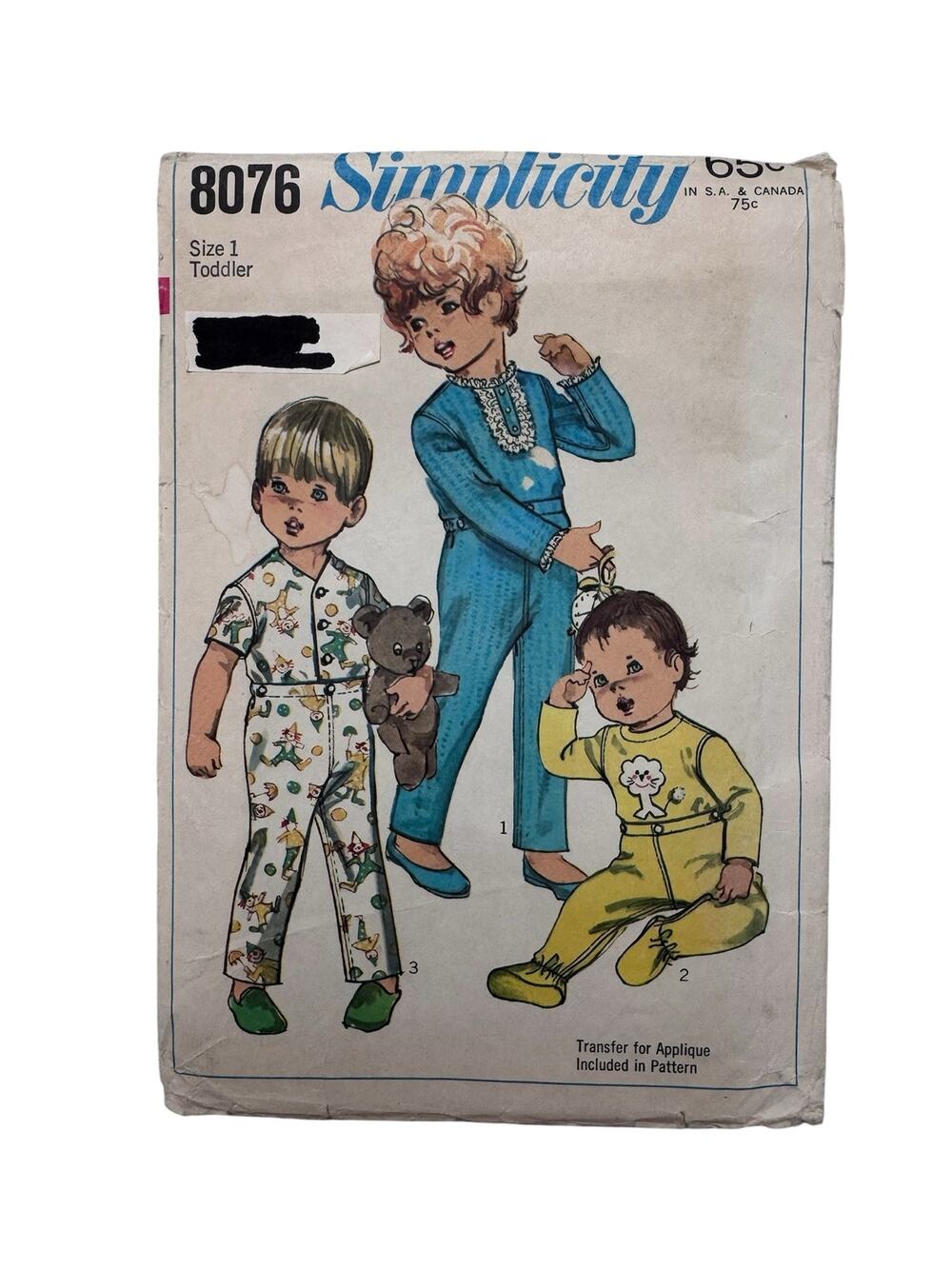 Vintage SIMPLICITY Toddler Pajama Pattern #8076 Size 1 1968 Unisex Top Bottom